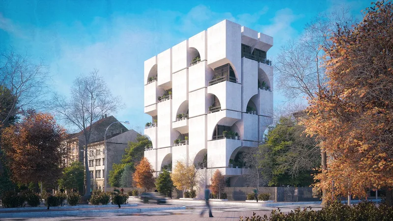 Perforated Residential Block — Front elevation, clear day
