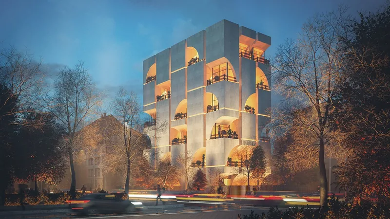 Perforated Residential Block — Street elevation at dusk