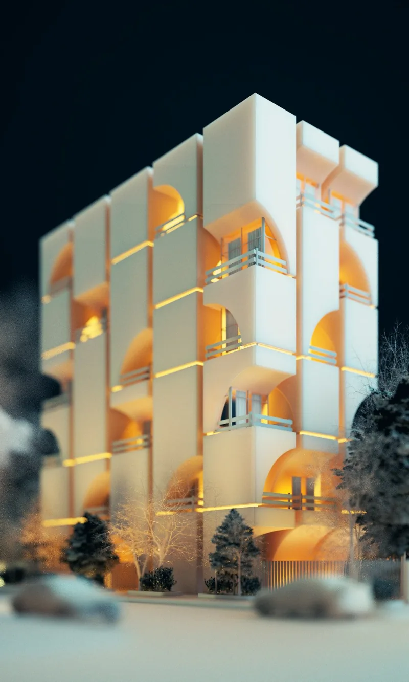 Perforated Residential Block — Corner view, night