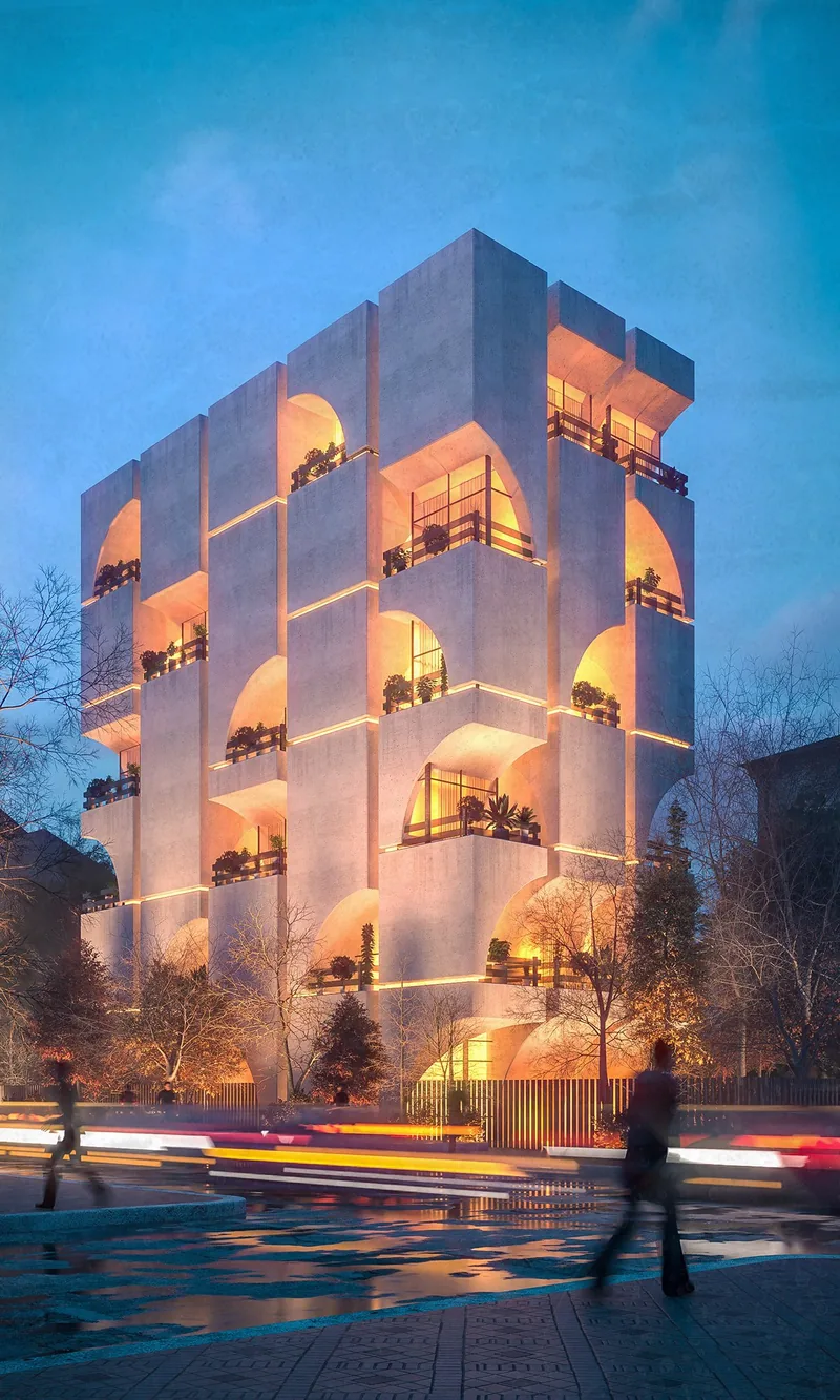 Perforated Residential Block — Street level, blue hour